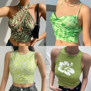 2021 Women Fashion Summer Sexy Green Y2K Crop Tops Vintage E-girl Printed Sleeveless Camis 90s Hollow Out Club Party Tank Tops